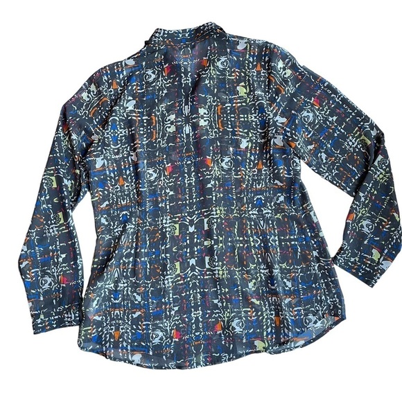 Cabi Women’s Size Large Festival Geometric Sheer gray Button Down blouse shirt - Picture 6 of 7